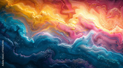 This stunning image captures the essence of fluid art with a swirl of vibrant, iridescent colors that seem to dance across the canvas