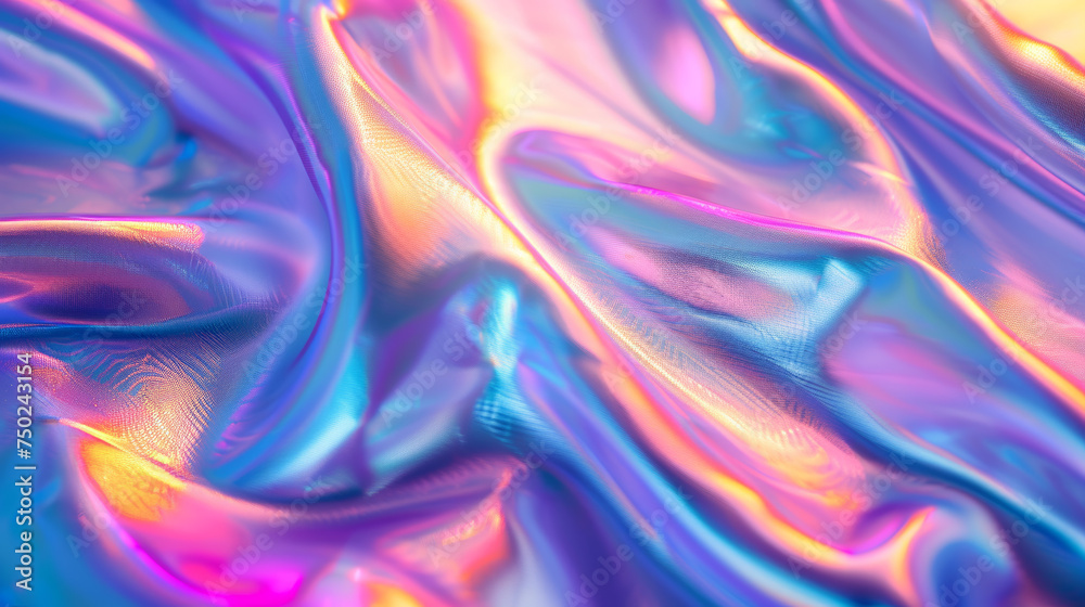 A close-up shot of a silk fabric with a captivating iridescent sheen that creates a vibrant, colorful texture A close-up shot of a silk fabric with a captivating iridescent sheen that creates a vibrant, colorful texture