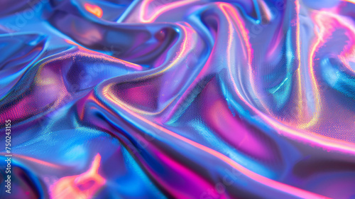 This image shows a close-up of luxurious holographic silk fabric in blue and purple hues