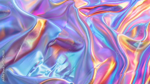 Detailed image captures the flowing texture of a brightly colored holographic fabric with a smooth feel