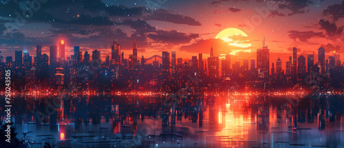 Serene sunset landscape with orange hues casting over a city with imminent night reflections