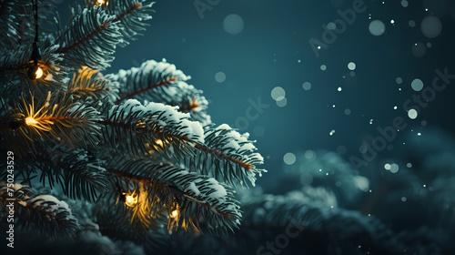 Green Christmas tree branches in snow background