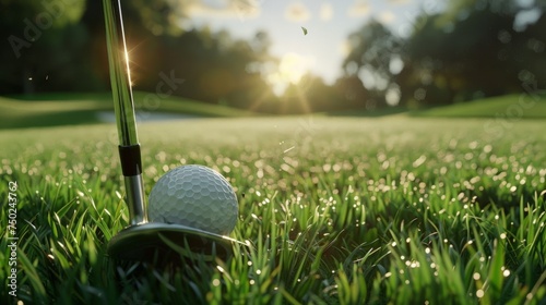 Golf ball behind driver at driving range, plenty of copy-space and very shallow depth of field.