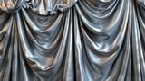 The image displays the dramatic heavy drapery effect of luxurious silver satin, suggesting opulence