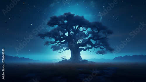 A lone tree stands in an empty field under a starry night sky