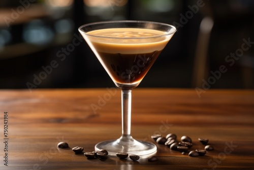 Espresso Martini Cocktail based on coffee, liqueur and vodka. drink for a party in a bar. Space for text photo