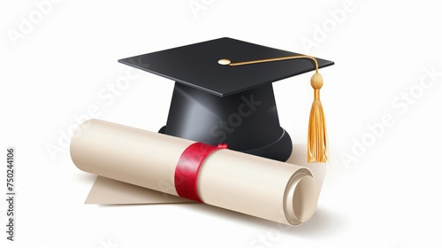 Realistic graduation cap and diploma scroll isolated on white background. Academic hat with tassel and university degree certificate. Vector illustration for announcement, banner, poster, flyer, ad.