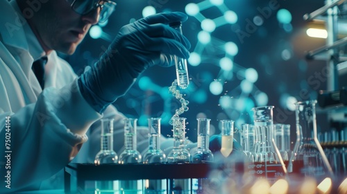 Science and medicine, scientist analyzing and dropping a sample into a glassware, experiments containing chemical liquid in laboratory on glassware, DNA structure, innovative and technology.