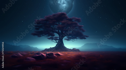 A lone tree stands in an empty field under a starry night sky