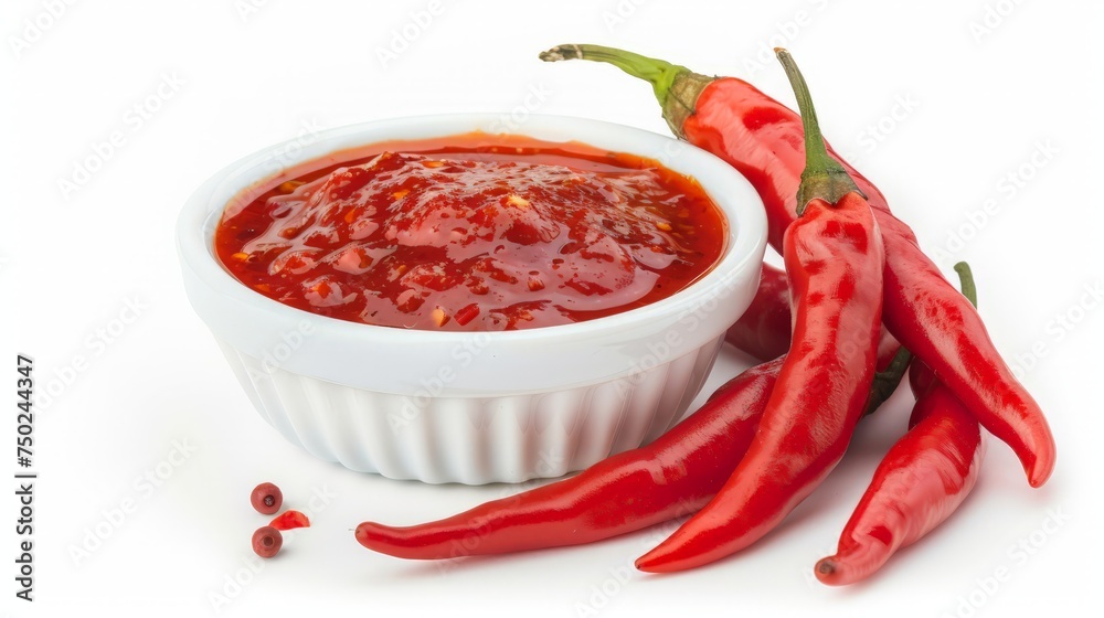 Sweet chili sauce in ceramic bowl isolated on a white background.Top view