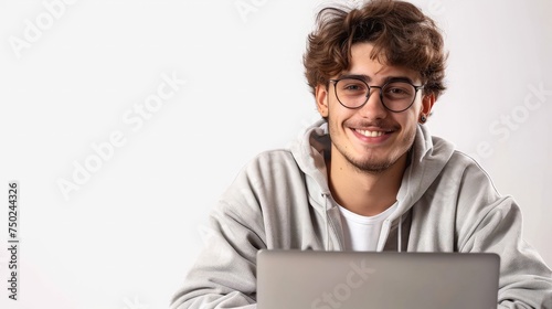 Successful caucasian young man student freelancer using laptop, watching webinars, working remotely, e-learning e-commerce online isolated in white background