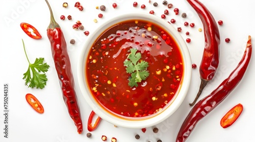 Sweet chili sauce in ceramic bowl isolated on a white background.Top view photo