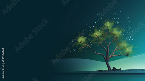 A lone tree stands in an empty field under a starry night sky © jiejie