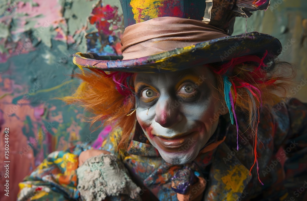 Gruseliger Clown schaut in die Kamera, Konzept Horror, Verkleidung Gruseliger Clown schaut in die Kamera, Konzept Horror, Verkleidung