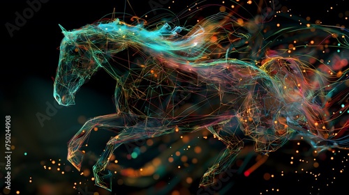 Digitales Pferd aus Netzwerkknoten, Konzept Trojaner im Netzwerk, Cyber Security