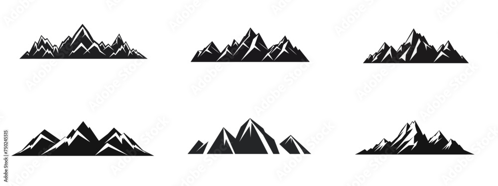 set of mountain pics black and white vector illustration isolated transparent background, logo, cut out or cutout t-shirt print design,  poster, baby products, packaging design