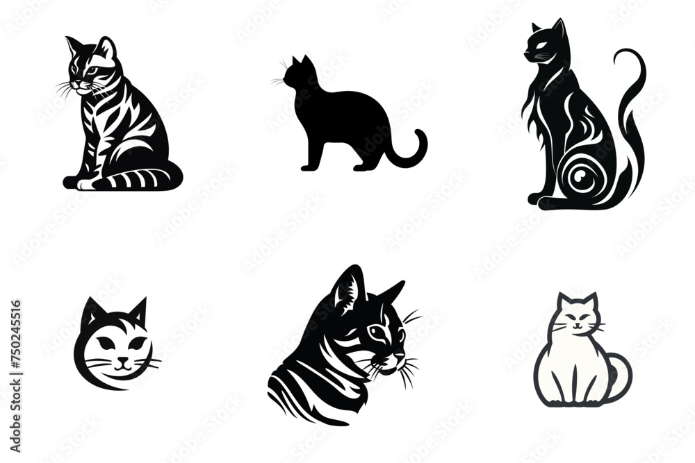 set of cat black and white vector illustration isolated transparent background, logo, cut out or cutout t-shirt print design, poster, products or packaging design.