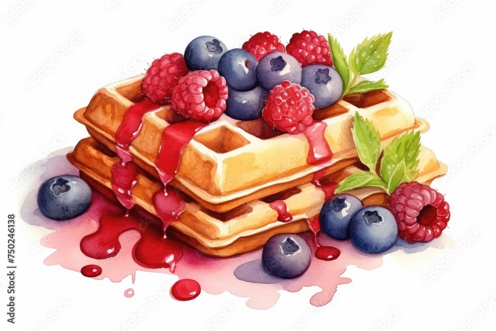 Waffles With Berries and Blueberries Painting Waffles With Berries and Blueberries Painting