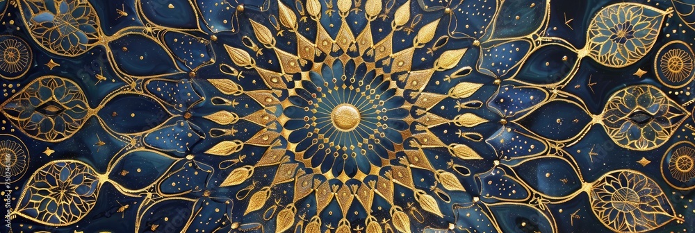 A celestial-themed mandala with intricate geometric patterns and gold metallic highlights A celestial-themed mandala with intricate geometric patterns and gold metallic highlights