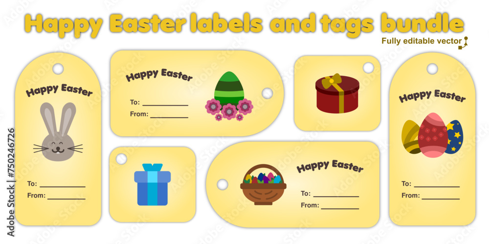 Four yellow labels and two yellowish tags for gifts and presents on a Happy Easter cartoon flat style bundle. Fully editable SVG vector file.