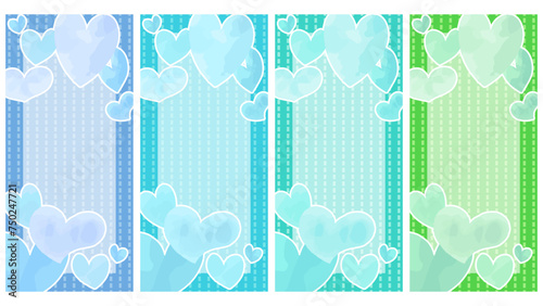 グリーンとブルーのハートの背景、縦型のフレーム