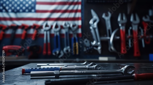 Construction and manufacturing tools with patriotic US, USA, American flag on dark black background. International Workers' Day background. Happy labor day. Business and media social background