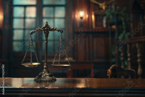 Scale of Justice on a Courtroom Table