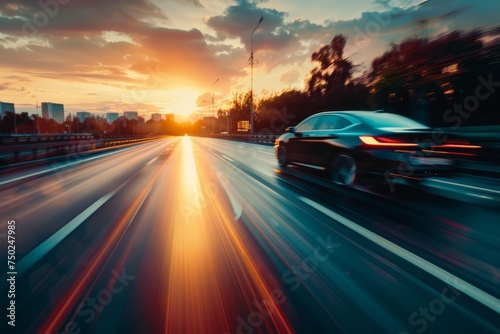 Sedan Speeding on Highway at Sunset