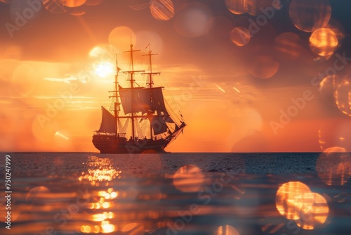 Ship Sailing in Ocean at Sunset