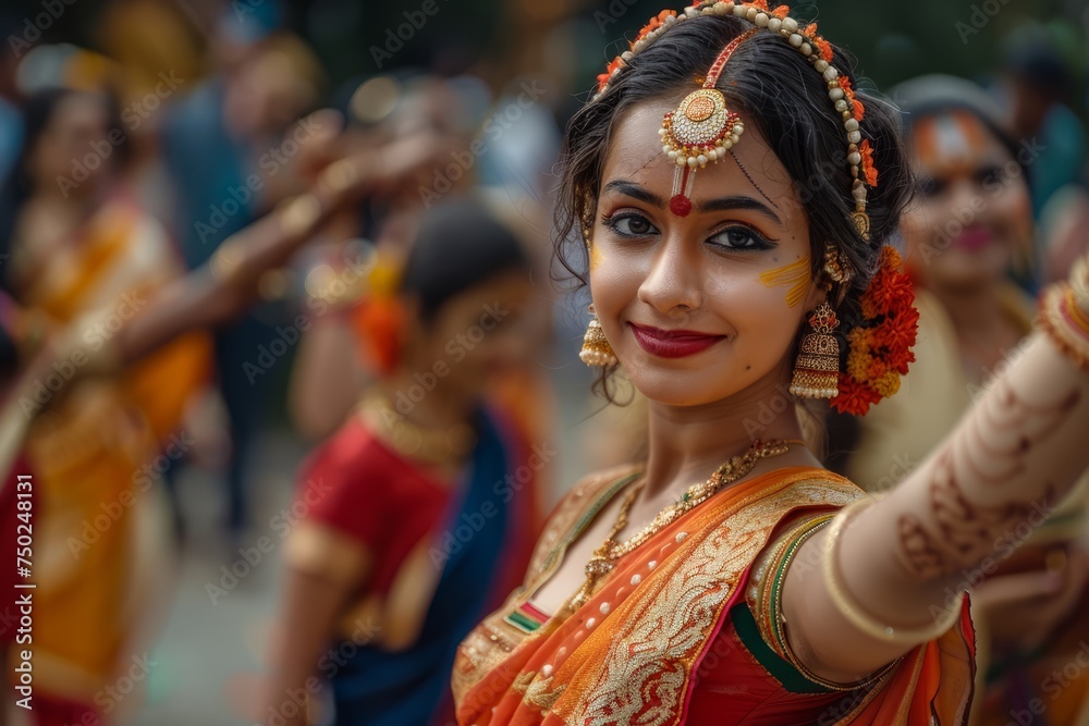 Woman in Red and Orange Sari Dancing