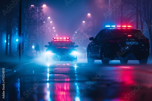 Two Police Cars Drive Down Street at Night