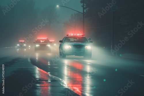 Police Cars Driving Down Rain-Soaked Street