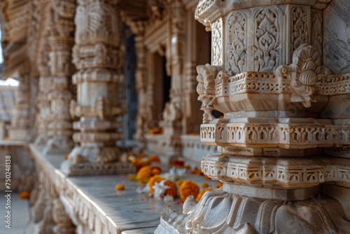 Row of Carved Pillars With Orange Flowers