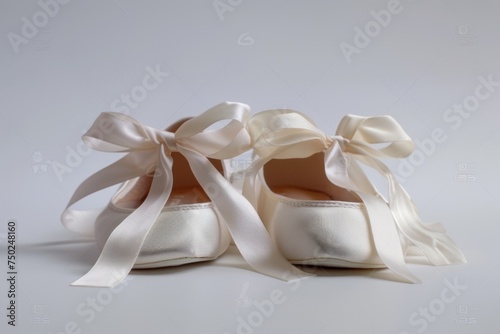 Cream-colored ballet slippers with satin ribbons on a white background.