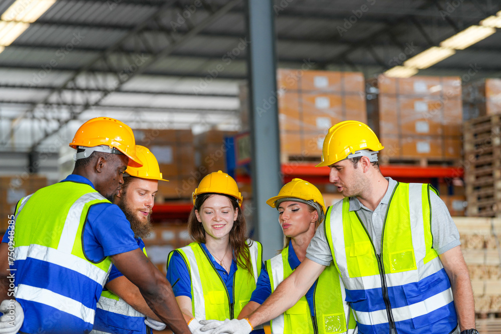 group worker factory men and women standing with confidence and success. people working in workplace of industrial heavy machine factory. young adult in career of industry of technology machinery.