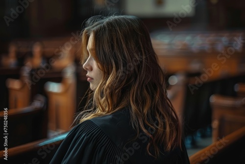 Woman Standing in Church, Gazing Into Distance