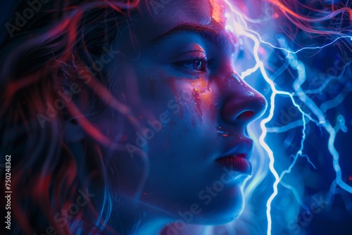 Womans Face Lit Up by Lightning
