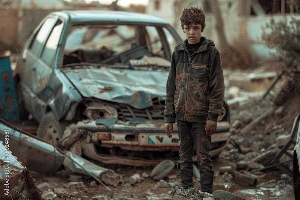 Boy Standing by Wrecked Car