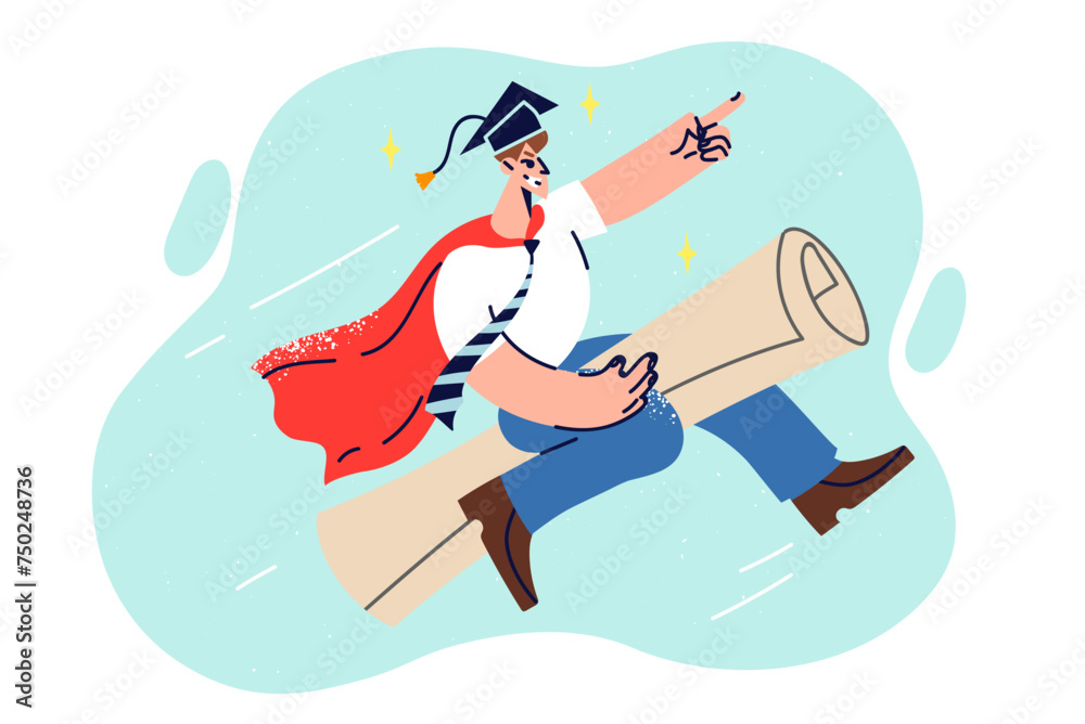 Man graduate student flies through sky on graduation, gaining career benefits from education Man graduate student flies through sky on graduation, gaining career benefits from education