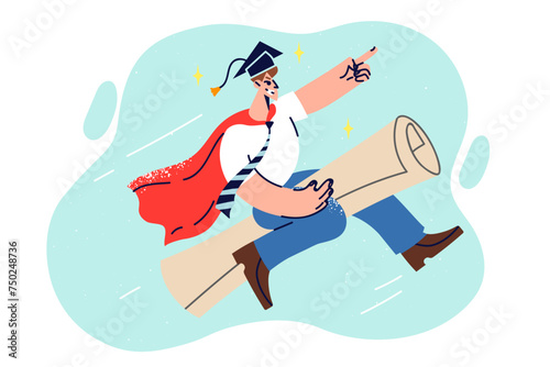 Man graduate student flies through sky on graduation, gaining career benefits from education