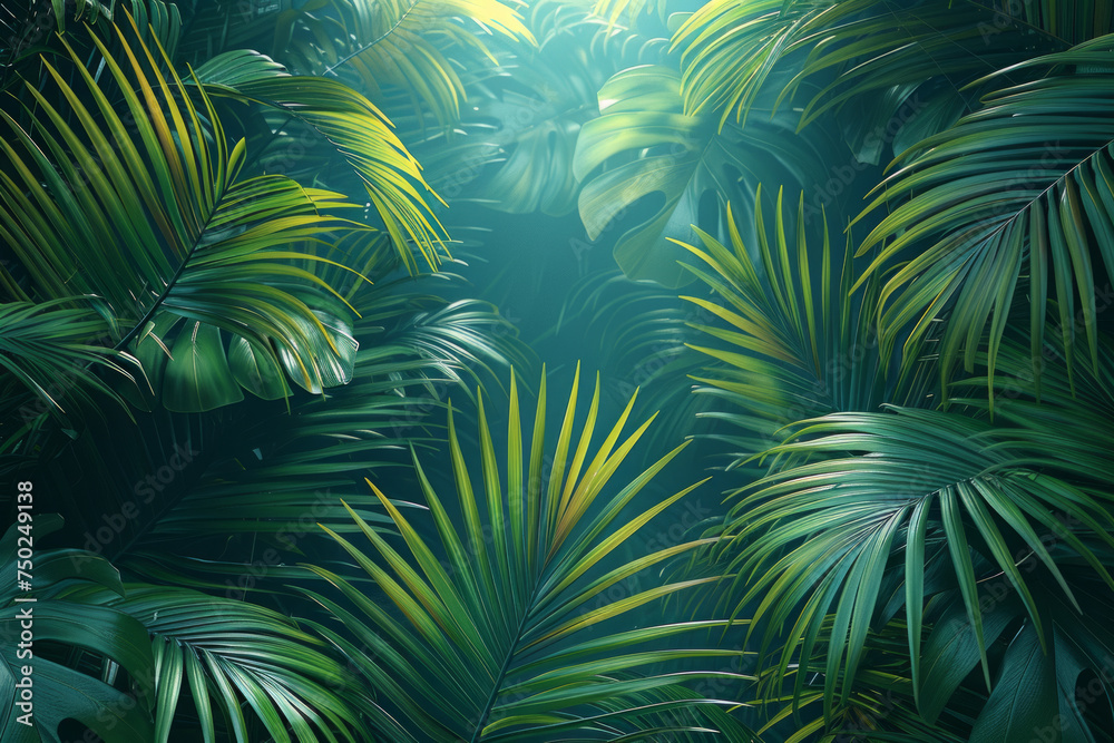 Abstract palm leaves growing in the tropics. It is also cultivated in tropical botanical gardens and as an ornamental plant at home. Tropical region flora concept.