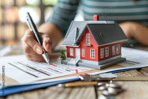 Person Writing on Paper With House Model