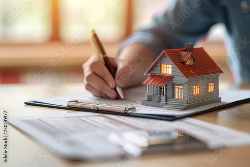 Person Writing on Paper With House Model