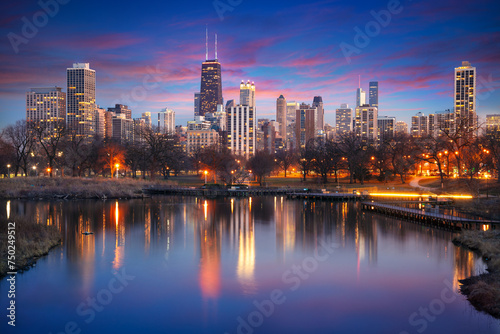 Chicago, Illinois, USA. Cityscape image of Chicago skyline at winter sunset.