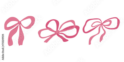 Collection of hand drawn ribbon bows isolated. Pink color. Decorative elements for holiday invitations and birthday cards. Vector illustration...
