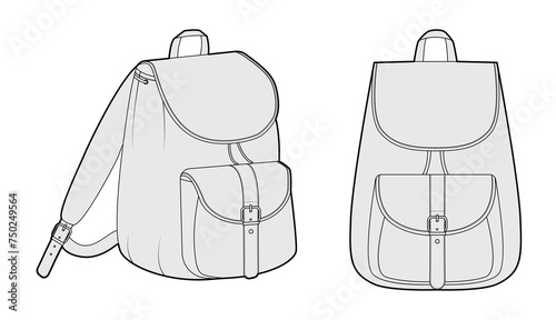 Adventure backpack silhouette bag. Fashion accessory technical illustration. Vector schoolbag front 3-4 view for Men, women, unisex style, flat handbag CAD mockup sketch outline isolated