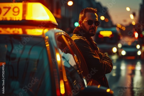 Man Standing in Front of Taxi at Night