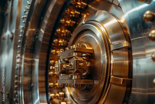 Close Up of Large Metal Bank Vault With Gold Hardware