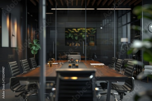Wooden Table and Black Chairs in Conference Room