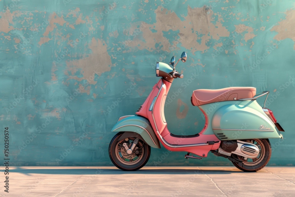 Pink scooter parked against a blue wall. Place for text
